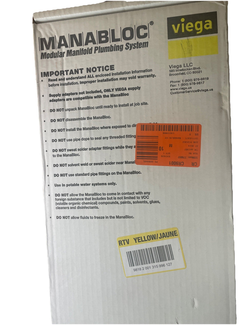Viega Manabloc 1/2 in x 18 port Distribution Manifold 8 Hot/10 Cold 49615