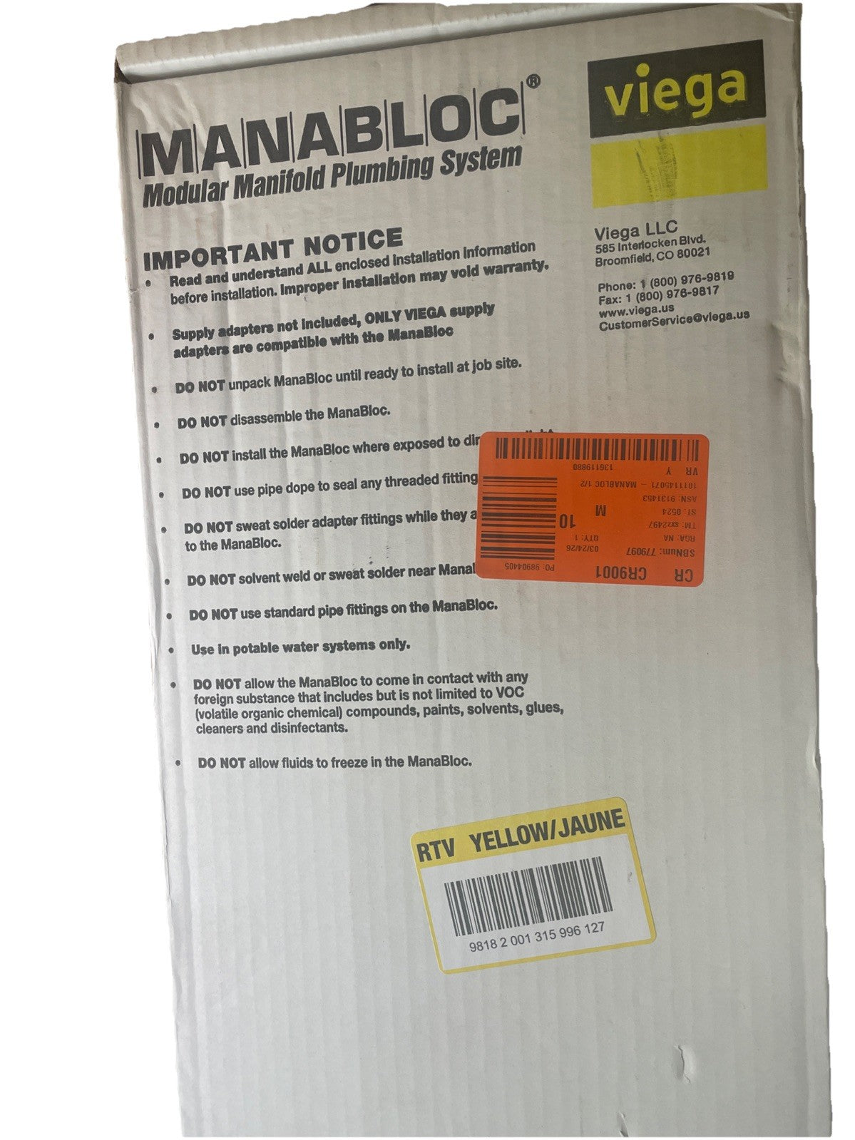 Viega Manabloc 1/2 in x 18 port Distribution Manifold 8 Hot/10 Cold 49615
