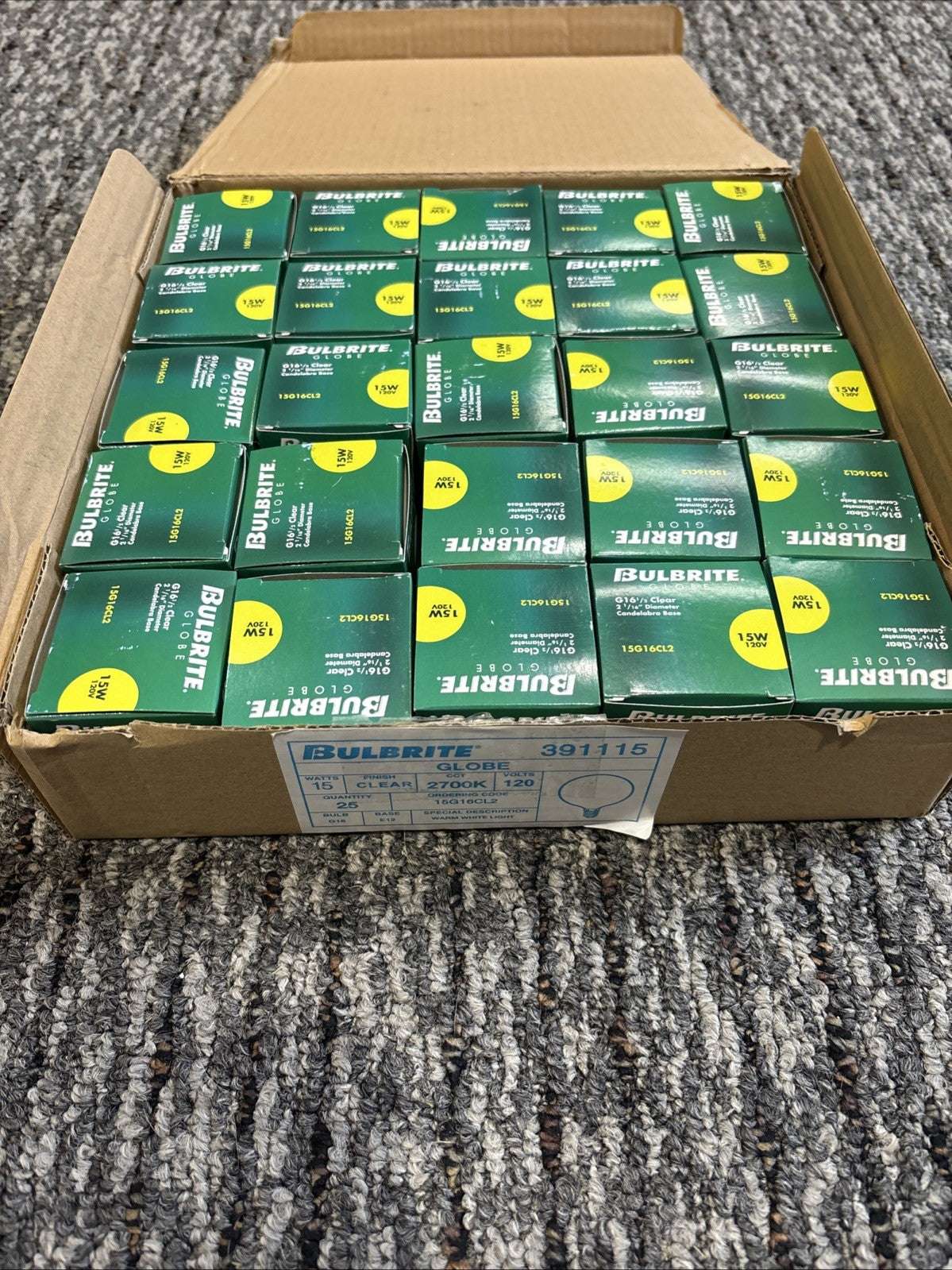 Lot Of 25 Bulbrite Globe Light Bulb 391115 G16 15 Watts 2700k 120v 15G16CL2