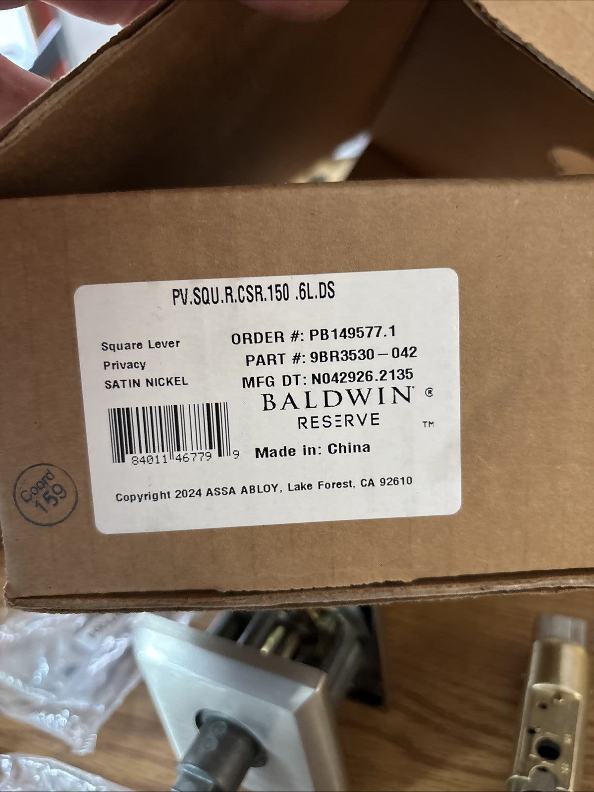 Baldwin Reserve PVSQUCSR150 Square Lever Privacy Door Lock Satin Nickel Open Box