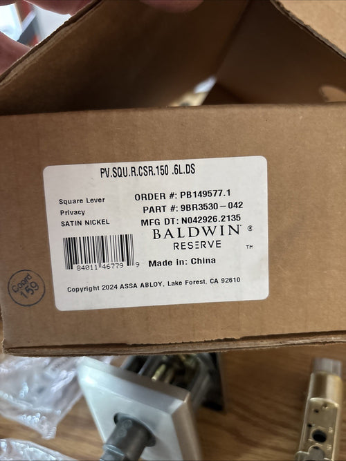 Baldwin Reserve PVSQUCSR150 Square Lever Privacy Door Lock Satin Nickel Open Box