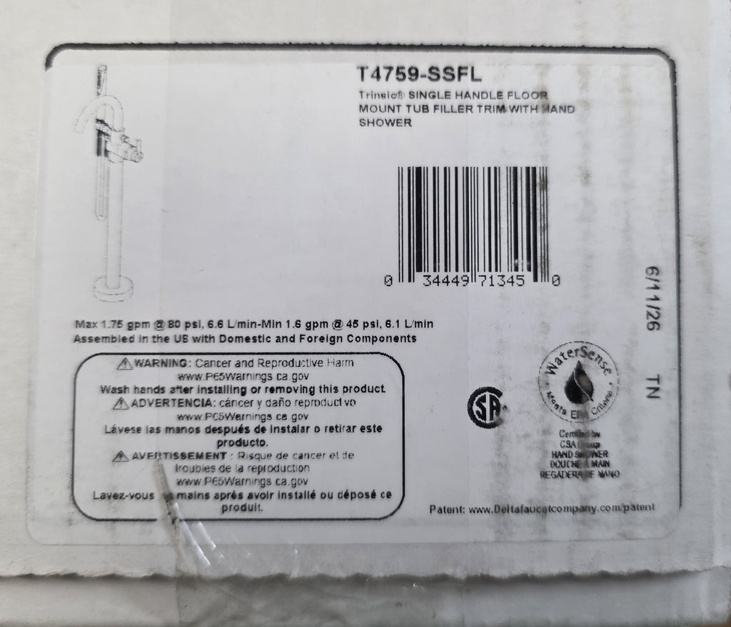 ​DELTA T4759-SSFL Trinsic Floor-Mount Roman Tub Faucet Trim Kit Hand Shower