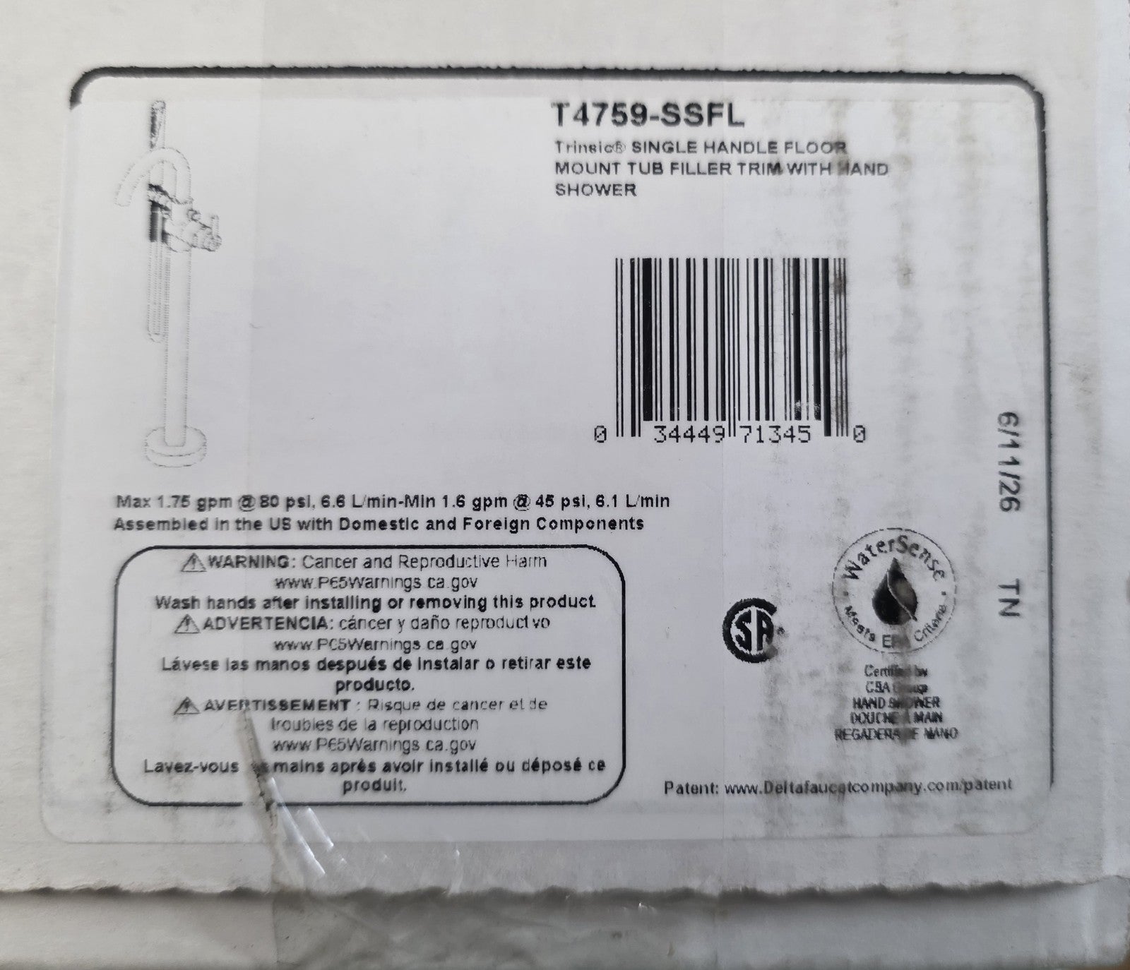 ​DELTA T4759-SSFL Trinsic Floor-Mount Roman Tub Faucet Trim Kit Hand Shower