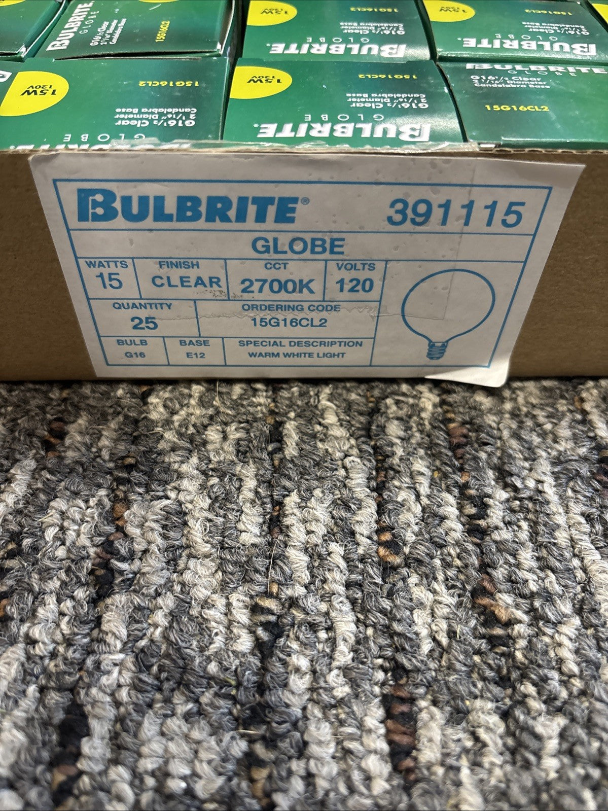 Lot Of 25 Bulbrite Globe Light Bulb 391115 G16 15 Watts 2700k 120v 15G16CL2