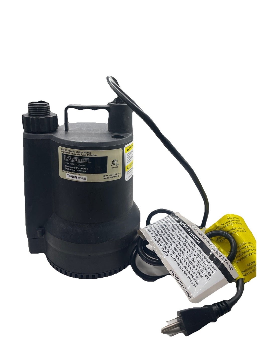 Everbilt  1/6 HP Utility Sump Pump 1680 GPH Plastic Submersible SUP54-HD