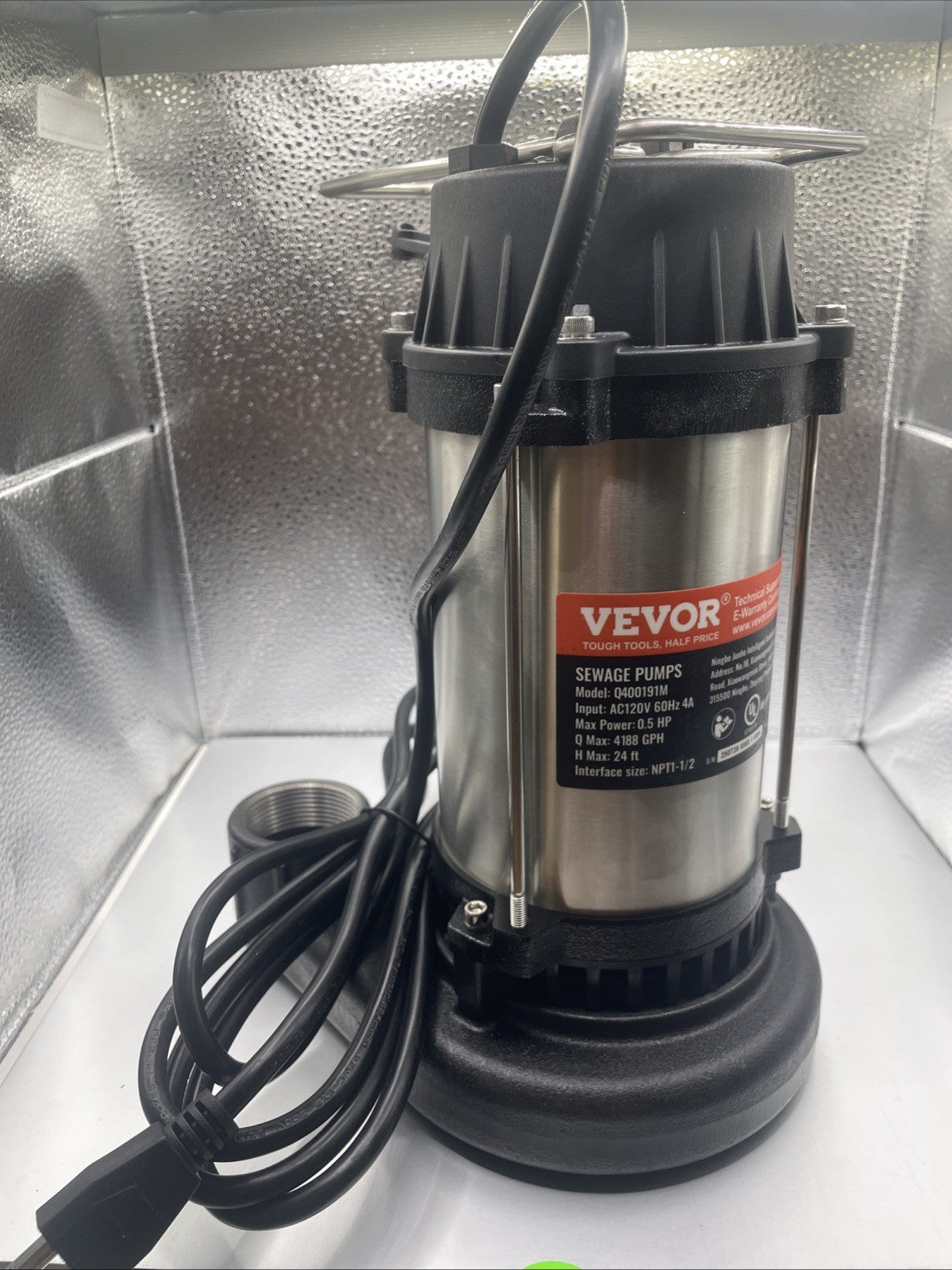 VEVOR Submersible Sewage Pump Water Pump 0.5HP - 4188GPH - 24ft Lift - OPEN BOX
