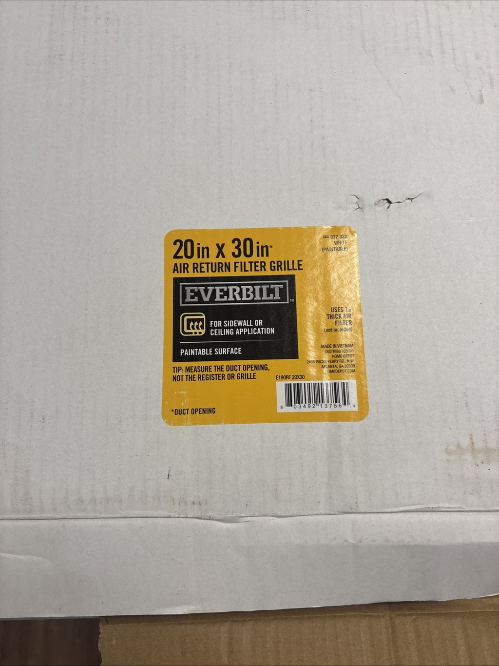 Everbilt  20x30 White Paintable Surface In White - Return Air Filte