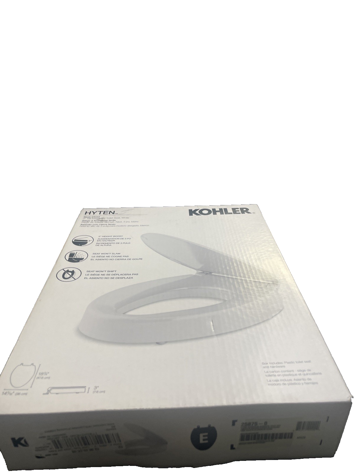 Kohler 25875-0 Hyten 3" Elevated Elongated Toilet Seat Quiet Close White Senior